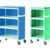 A narrow and wider clean linen distribution cart. Both are empty with their side uncovered.