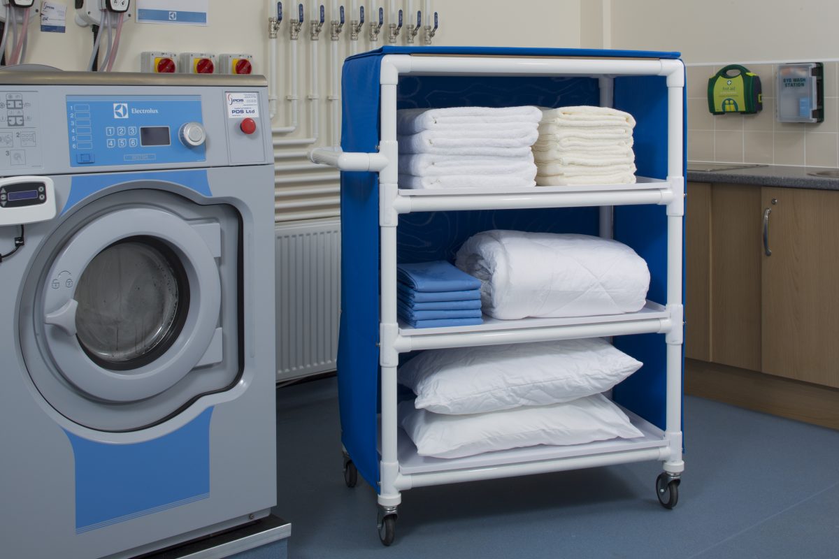 Clean Linen Distribution Cart with bedding.