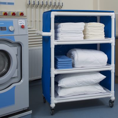 Clean Linen Distribution Cart with bedding.